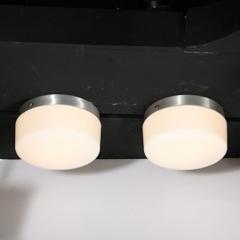 Pair of Mid Century Cylindrical Milk Glass Flush Mounts w Brushed Aluminum - 4489879