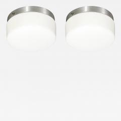 Pair of Mid Century Cylindrical Milk Glass Flush Mounts w Brushed Aluminum - 4491400