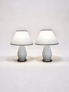 Pair of Mid Century Faceted Opalescent Glass Table Lamps Custom Parchment Shades - 4737407