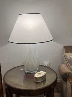 Pair of Mid Century Faceted Opalescent Glass Table Lamps Custom Parchment Shades - 4737409