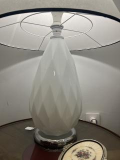 Pair of Mid Century Faceted Opalescent Glass Table Lamps Custom Parchment Shades - 4737410