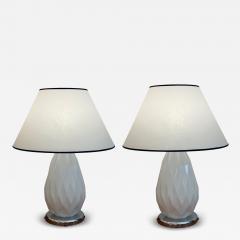 Pair of Mid Century Faceted Opalescent Glass Table Lamps Custom Parchment Shades - 4738679