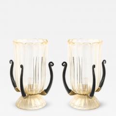 Pair of Mid Century Hand Blown Murano Fluted Glass Uplights w 24K Gold Flecks - 4623401
