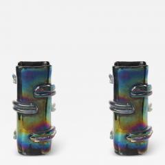 Pair of Mid Century Hand Blown Murano Iridescent Glass Vases - 4623406
