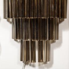Pair of Mid Century Hand Blown Smoked Murano Glass Three Tier Triedre Sconces - 3523501