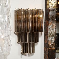Pair of Mid Century Hand Blown Smoked Murano Glass Three Tier Triedre Sconces - 3523518