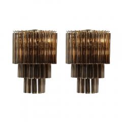 Pair of Mid Century Hand Blown Smoked Murano Glass Three Tier Triedre Sconces - 3523545