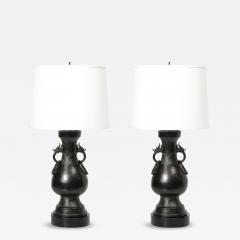 Pair of Mid Century Iron Dragon Amphora Chinoiserie Table Lamps w Ring Details - 4659957