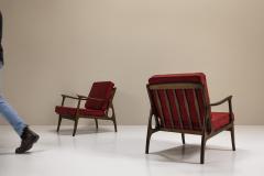 Pair of Mid Century Italian Lounge Chairs in Red Upholstery - 4316704
