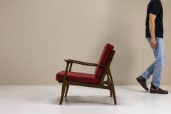 Pair of Mid Century Italian Lounge Chairs in Red Upholstery - 4316719