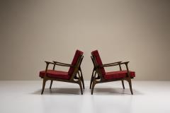 Pair of Mid Century Italian Lounge Chairs in Red Upholstery - 4316730