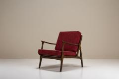 Pair of Mid Century Italian Lounge Chairs in Red Upholstery - 4316734