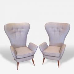 Pair of Mid Century Italian Modern High Back Gray Upholstered Armchairs - 4219576