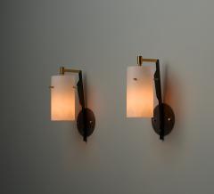 Pair of Mid Century Italian Sconces in Brass and Black with Opaline Glass Shades - 4386744