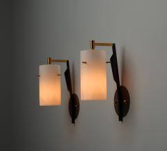 Pair of Mid Century Italian Sconces in Brass and Black with Opaline Glass Shades - 4386747