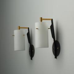 Pair of Mid Century Italian Sconces in Brass and Black with Opaline Glass Shades - 4386748