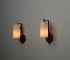 Pair of Mid Century Italian Sconces in Brass and Black with Opaline Glass Shades - 4386749