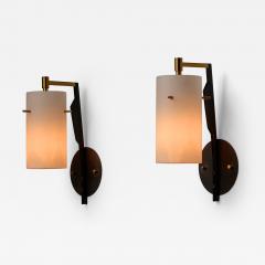 Pair of Mid Century Italian Sconces in Brass and Black with Opaline Glass Shades - 4401669