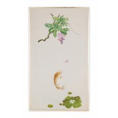 Pair of Mid Century Koi Fish and Tree Painted Silk Panels - 4654459