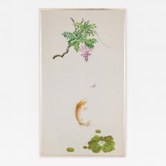 Pair of Mid Century Koi Fish and Tree Painted Silk Panels - 4654461