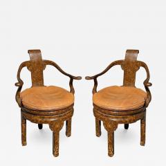 Pair of Mid Century Ming Style Faux Tortoise Shell Swivel Chairs - 3900708