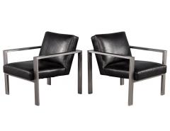 Pair of Mid Century Modern Black Leather Metal Lounge Chairs with Ottomans - 2817447
