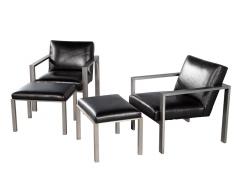 Pair of Mid Century Modern Black Leather Metal Lounge Chairs with Ottomans - 2817448