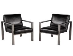Pair of Mid Century Modern Black Leather Metal Lounge Chairs with Ottomans - 2817449
