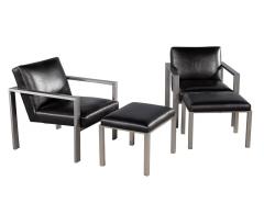 Pair of Mid Century Modern Black Leather Metal Lounge Chairs with Ottomans - 2817450