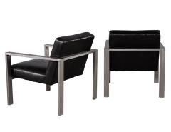 Pair of Mid Century Modern Black Leather Metal Lounge Chairs with Ottomans - 2817452