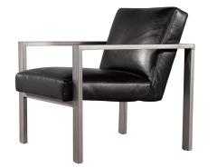 Pair of Mid Century Modern Black Leather Metal Lounge Chairs with Ottomans - 2817454