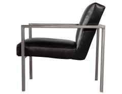 Pair of Mid Century Modern Black Leather Metal Lounge Chairs with Ottomans - 2817455