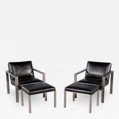 Pair of Mid Century Modern Black Leather Metal Lounge Chairs with Ottomans - 2822916