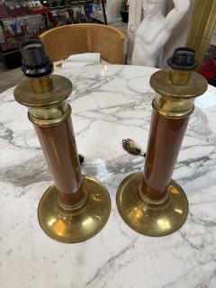 Pair of Mid Century Modern Brass and Brown Lacquer Table Lamps - 4611671