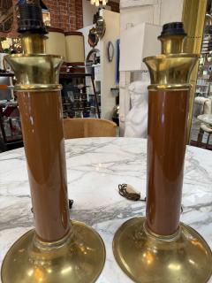 Pair of Mid Century Modern Brass and Brown Lacquer Table Lamps - 4611673