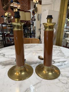 Pair of Mid Century Modern Brass and Brown Lacquer Table Lamps - 4611674