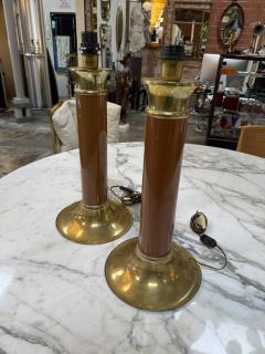 Pair of Mid Century Modern Brass and Brown Lacquer Table Lamps - 4611675