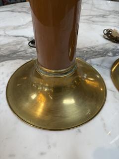 Pair of Mid Century Modern Brass and Brown Lacquer Table Lamps - 4611676