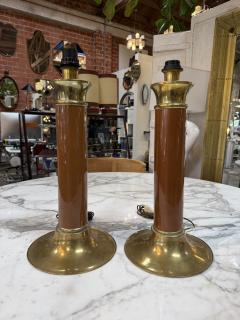 Pair of Mid Century Modern Brass and Brown Lacquer Table Lamps - 4611678