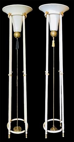 Pair of Mid Century Modern Bronze Floor Torchiere Lamps with Porcelain Globes - 2955300
