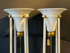 Pair of Mid Century Modern Bronze Floor Torchiere Lamps with Porcelain Globes - 2955305