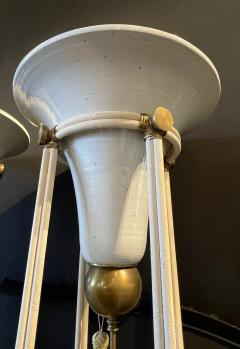 Pair of Mid Century Modern Bronze Floor Torchiere Lamps with Porcelain Globes - 2955308