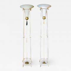 Pair of Mid Century Modern Bronze Floor Torchiere Lamps with Porcelain Globes - 2963609