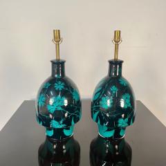 Pair of Mid Century Modern Ceramic Floral Motif Table Lamps Green and Blue - 4226458