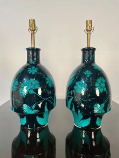 Pair of Mid Century Modern Ceramic Floral Motif Table Lamps Green and Blue - 4226460
