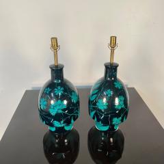 Pair of Mid Century Modern Ceramic Floral Motif Table Lamps Green and Blue - 4226461