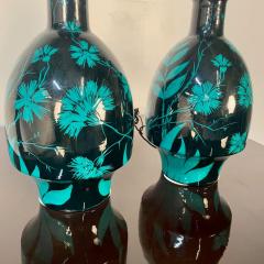 Pair of Mid Century Modern Ceramic Floral Motif Table Lamps Green and Blue - 4226462