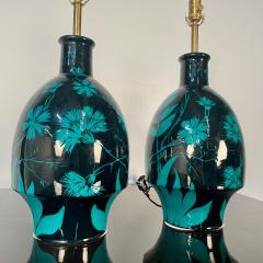 Pair of Mid Century Modern Ceramic Floral Motif Table Lamps Green and Blue - 4226464
