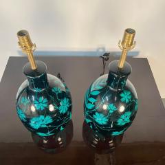 Pair of Mid Century Modern Ceramic Floral Motif Table Lamps Green and Blue - 4226465
