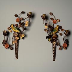 Pair of Mid Century Modern Colorful Parrot Wall Sconces Lights Hand Painted - 3395757